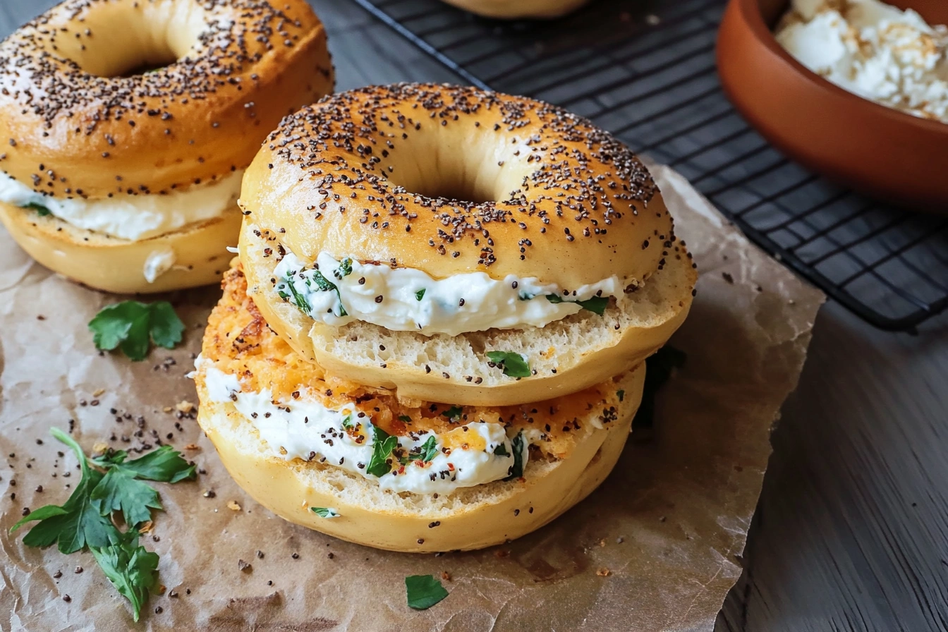 A beautifully plated bagel with cream cheese and toppings.