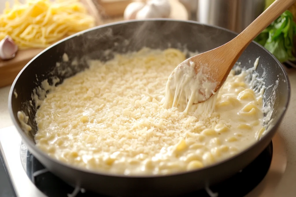 A skillet of bubbling cheese sauce being stirred, with pasta and crab meat beside it.