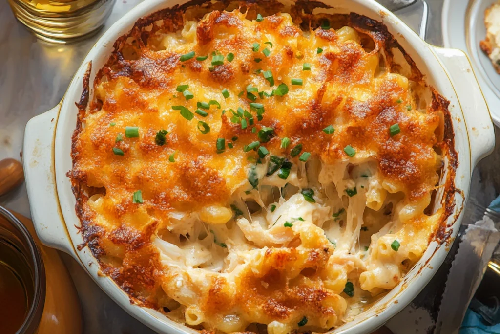 A golden-brown bowl of crab mac and cheese garnished with parsley