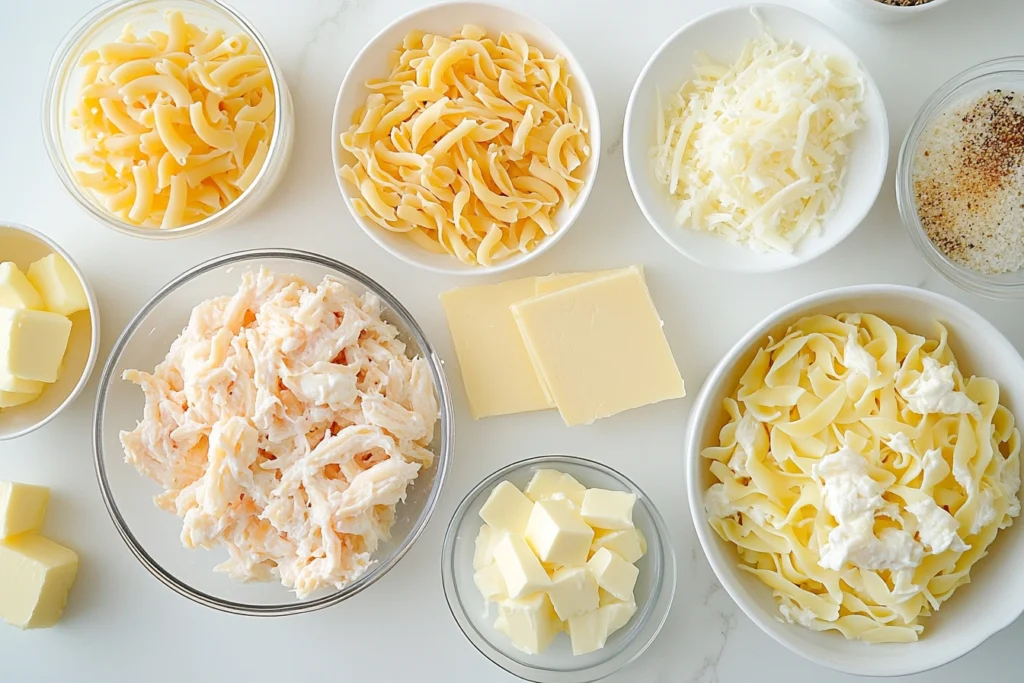 Ingredients for crab mac and cheese, including cheese, pasta, crab, and spices