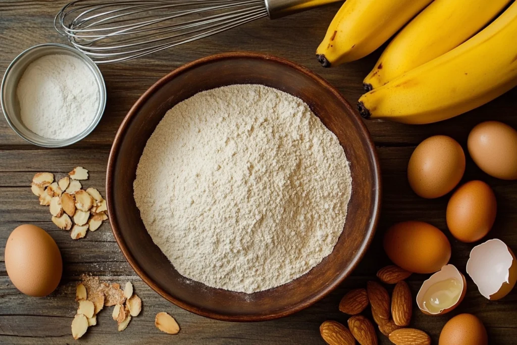 Ingredients for almond flour banana muffins, including almond flour, ripe bananas, eggs, and vanilla extract, on a wooden countertop.