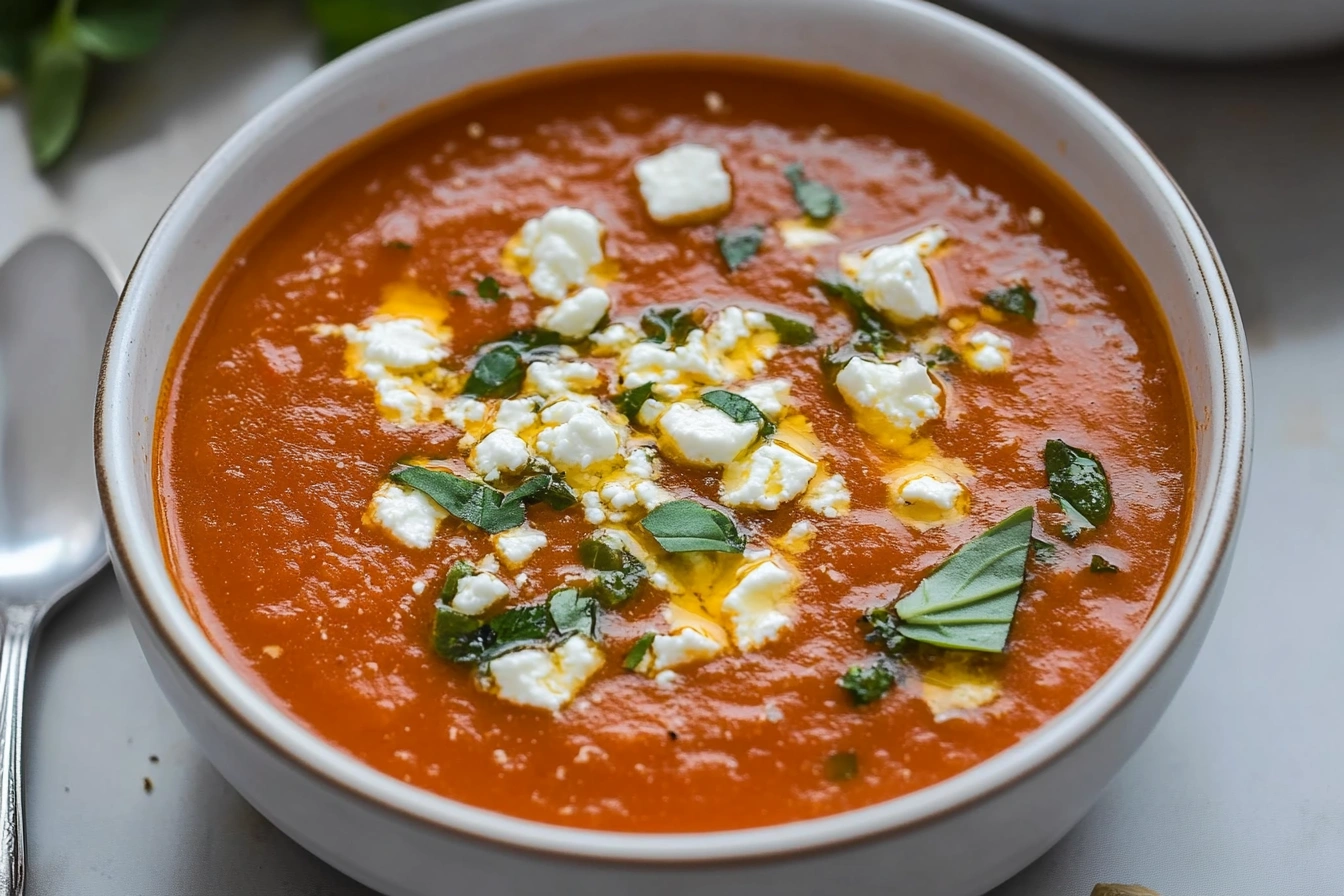 Bowl of feta tomato soup garnished with basil and olive oil, served with crusty bread.