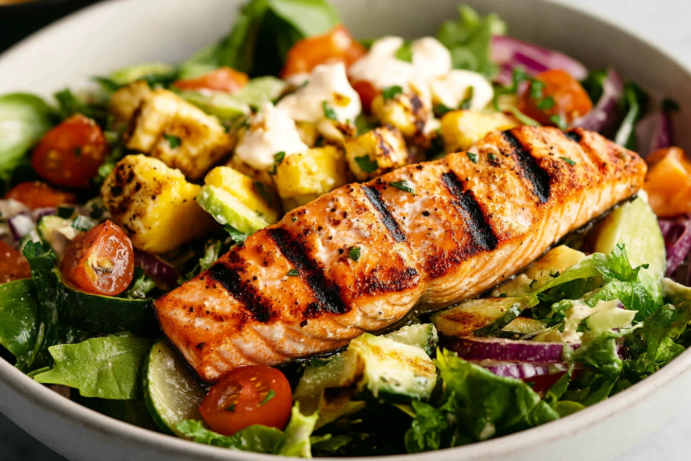 Grilled salmon salad plated with greens, avocado, and vinaigrette.