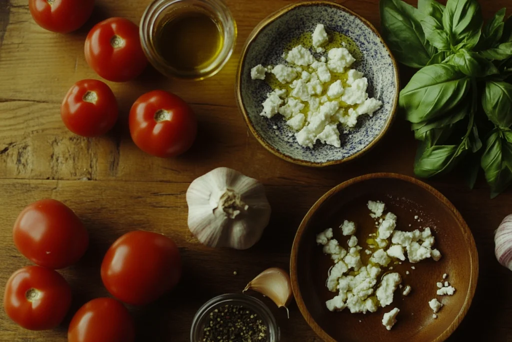 Fresh tomatoes, feta cheese, olive oil, garlic, and herbs arranged on a wooden table.