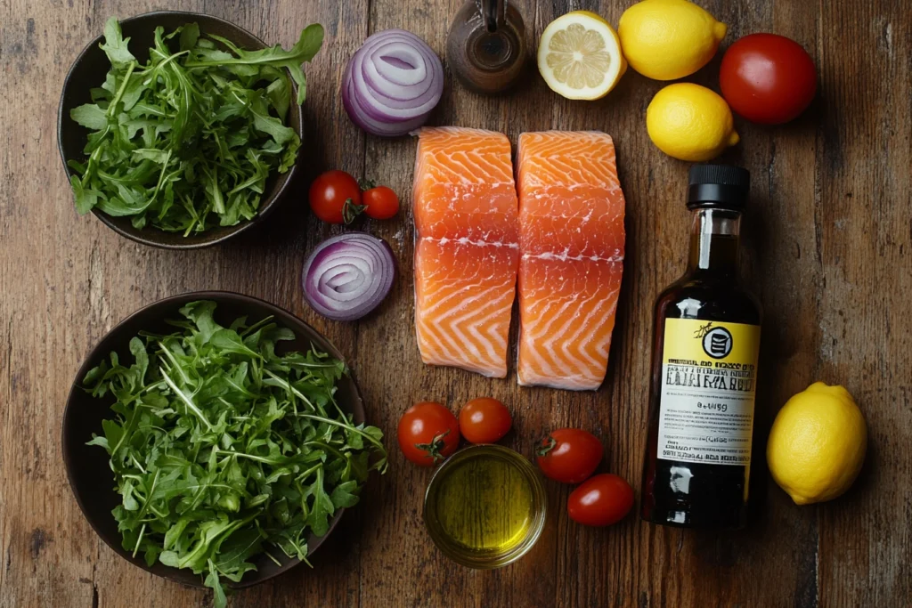 Ingredients for grilled salmon salad on a wooden surface.