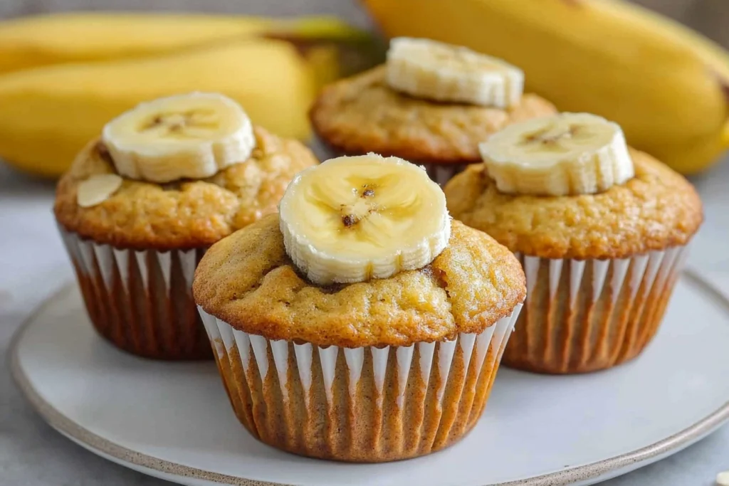 Freshly baked almond flour banana muffins cooling on a wire rack, surrounded by bananas and almond flour on a wooden table.