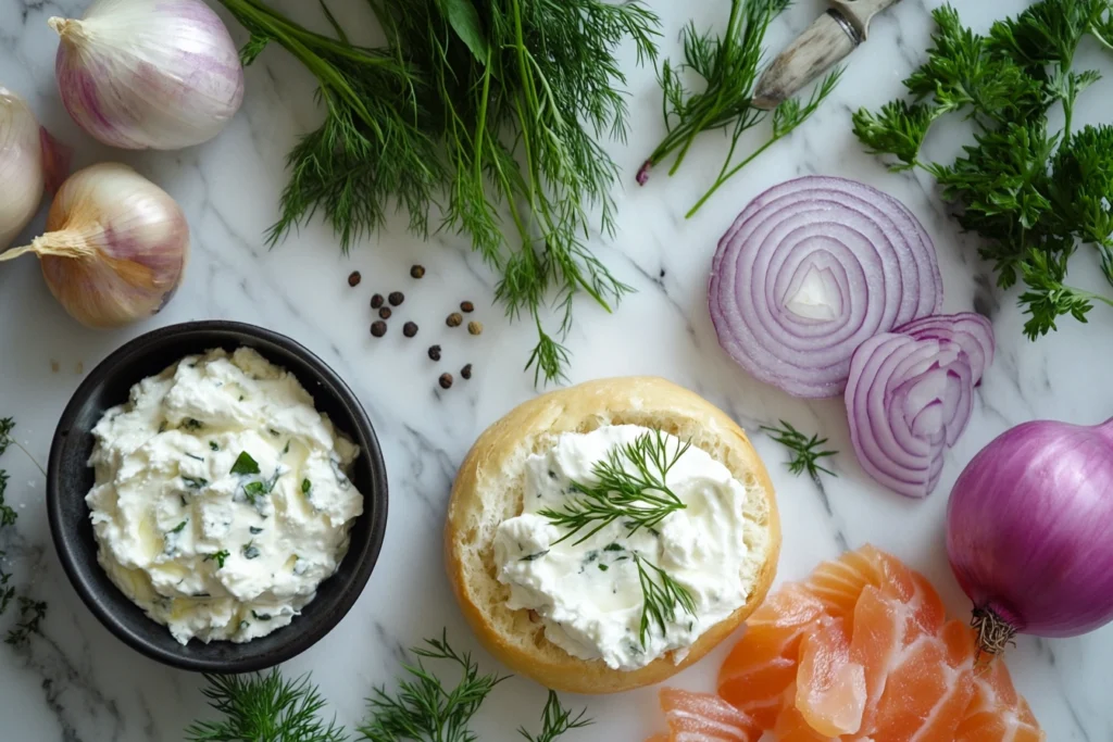 Fresh ingredients for bagel with cream cheese.