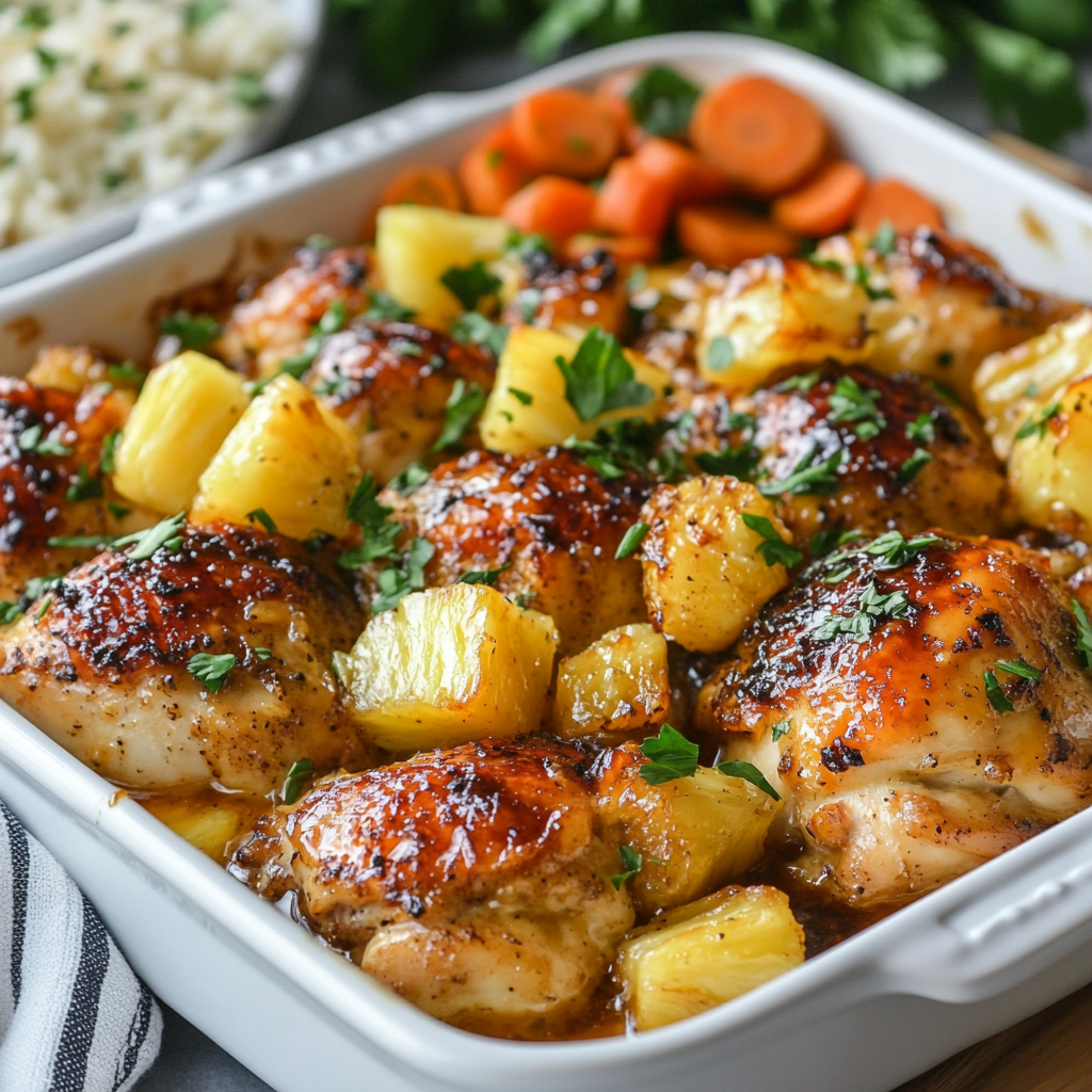 Honey pineapple baked chicken plated with pineapple chunks and a side of roasted vegetables on a festive dinner table.