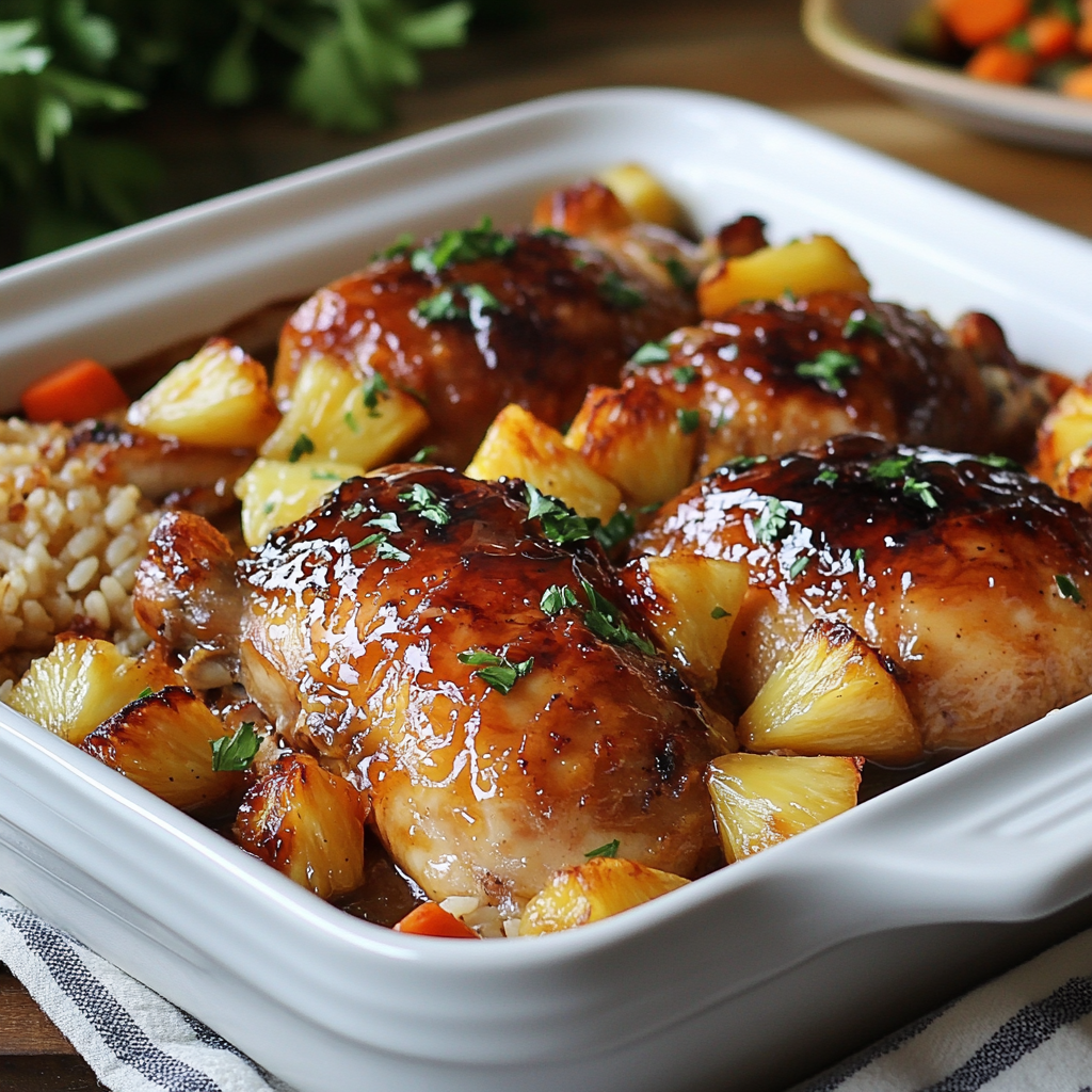 Baked honey pineapple chicken garnished with caramelized pineapple and parsley, served with rice and roasted vegetables.