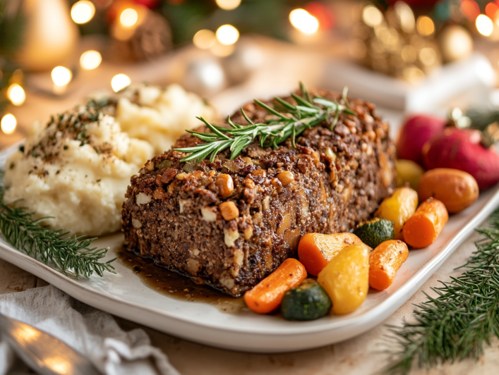A baked vegetarian nut roast garnished with rosemary, served with roasted vegetables, mashed potatoes, and gravy on a festive table.