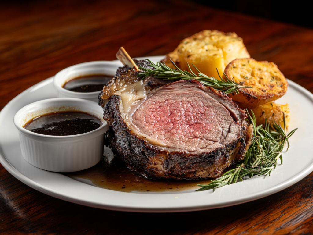 Sliced prime rib roast with a golden crust, plated with rosemary and au jus.