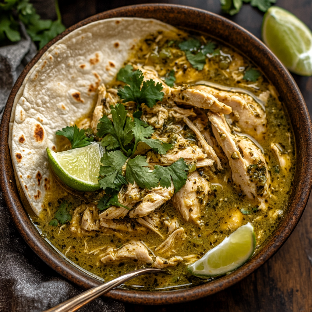 A bowl of crockpot green chili chicken garnished with cilantro and lime wedges.