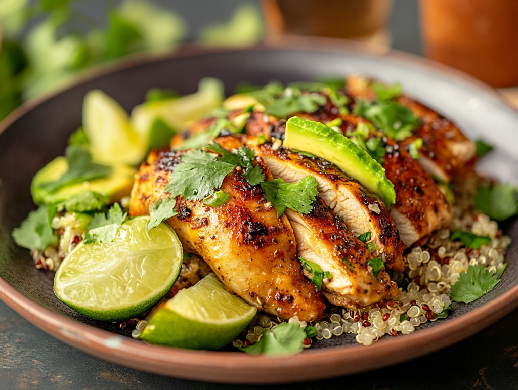 Plated roast chicken and avocado salad garnished with cilantro and lime on a ceramic plate.