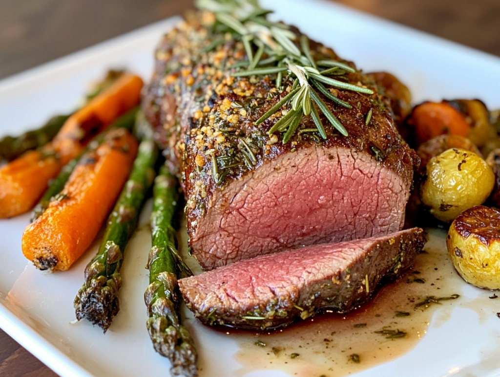 Roasted beef tenderloin with a golden-brown herb crust, sliced to reveal a medium-rare center, garnished with rosemary and served with roasted vegetables.