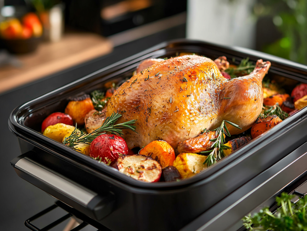 A roasted turkey with golden, crispy skin surrounded by roasted vegetables in an electric roaster.