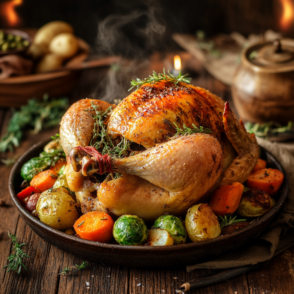 Golden-brown roasted whole chicken surrounded by colorful vegetables like carrots, potatoes, and Brussels sprouts on a rustic table.