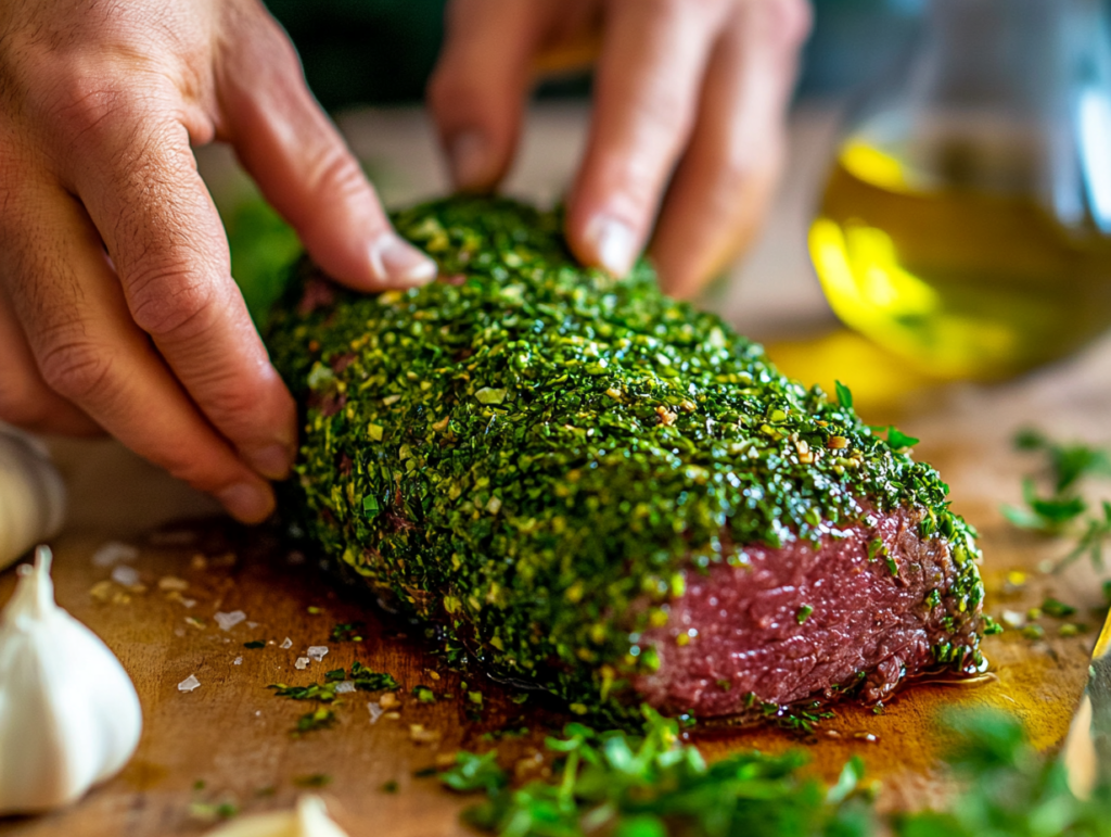 Raw beef tenderloin being coated with a green herb crust by hands, placed on a butcher's block with garlic cloves and olive oil nearby.