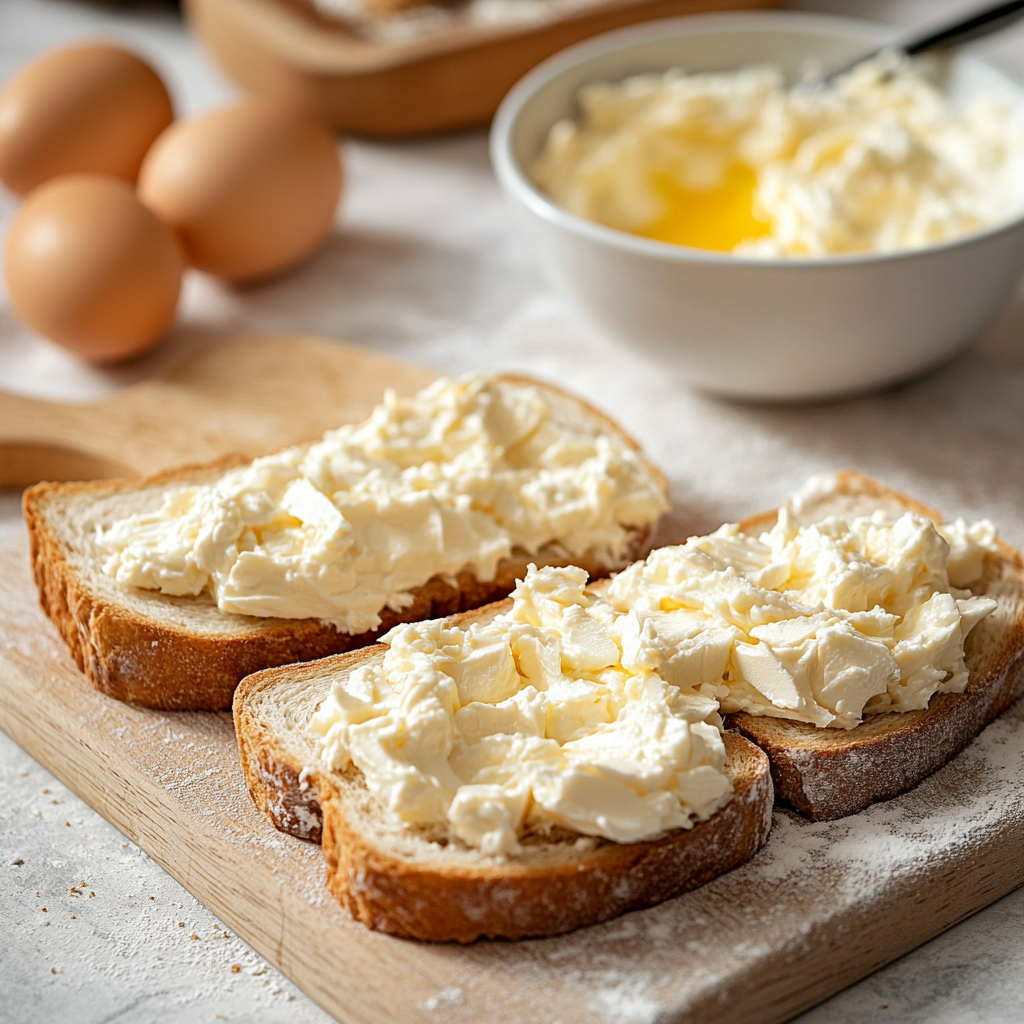 Bread slices being spread with cream cheese filling on a clean kitchen surface. Title: Assembling Cream Cheese Stuffed French Toast