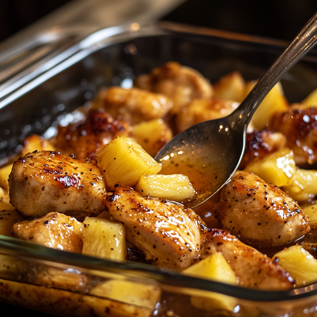 Chicken in a glass dish being coated with honey pineapple marinade and surrounded by pineapple chunks.