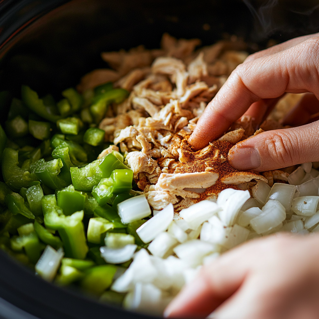 Hands layering green chilies, diced onions, and chicken in a crockpot with spices.