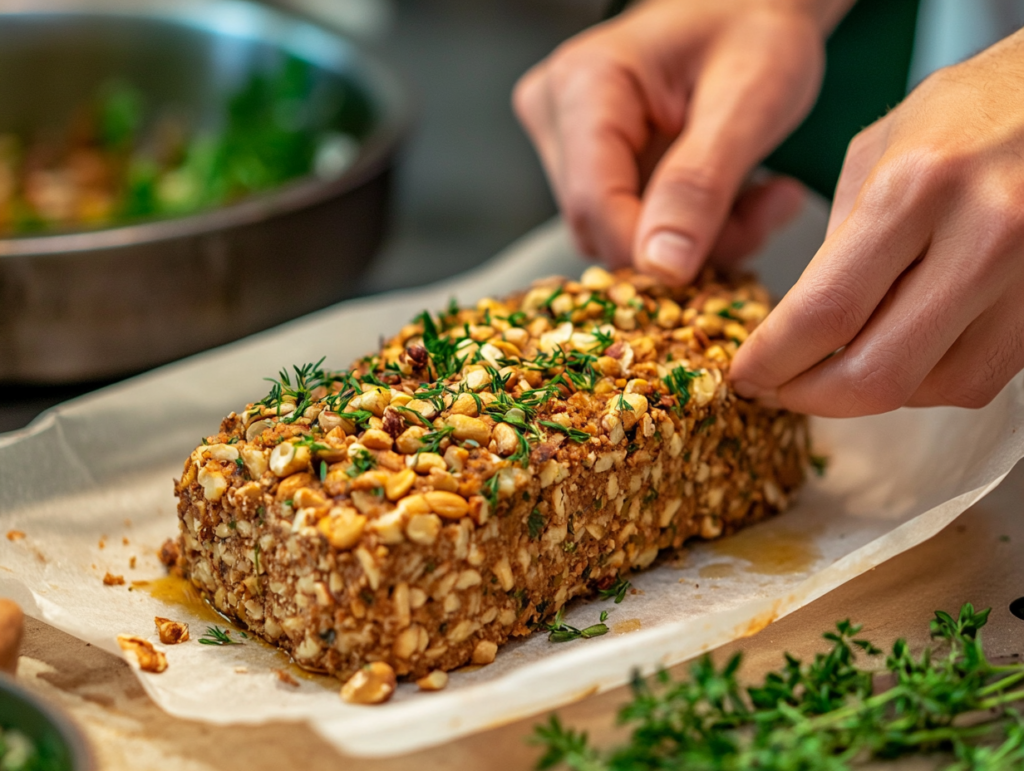 A chef shaping a vegetarian nut roast mixture into a loaf on parchment paper, with a baking dish and fresh herbs nearby.