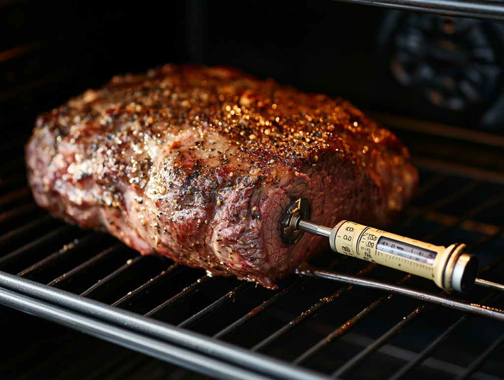 A seasoned prime rib roast in the oven with a meat thermometer inserted.
