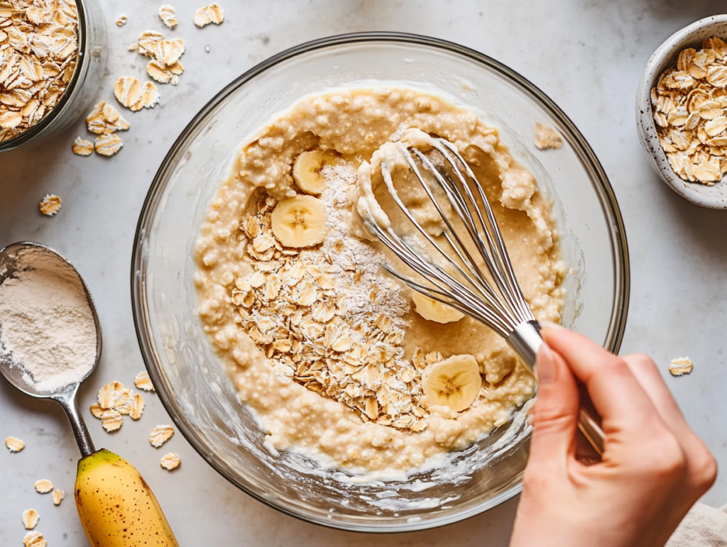 Hands mashing bananas in a bowl with protein powder, oats, and almond milk being added, alongside a whisk and measuring spoons.