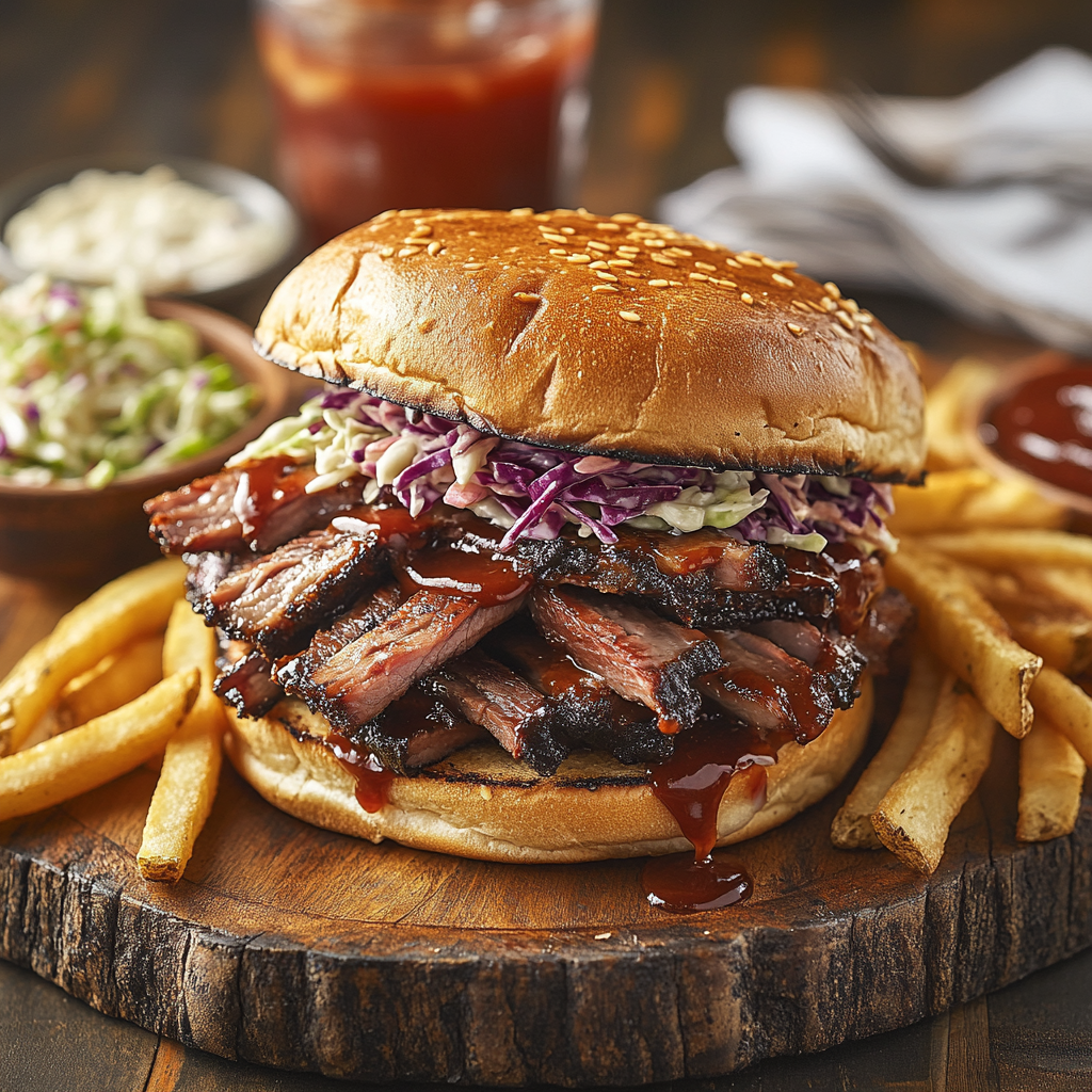 A barbecue brisket sandwich with a sesame seed bun, loaded with tender, smoked brisket slices, tangy coleslaw, and barbecue sauce, served with golden fries on a rustic wooden plate.