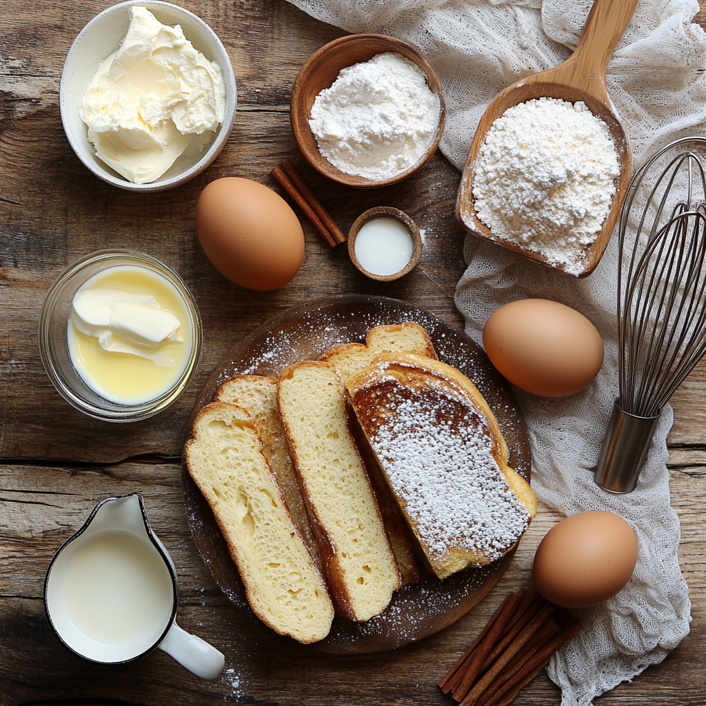 Ingredients for cream cheese stuffed French toast arranged on a wooden counter.
