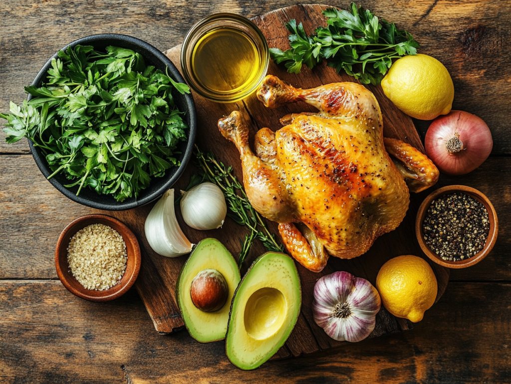 A flat lay of fresh ingredients for avocado and roast chicken on a rustic wooden counter.