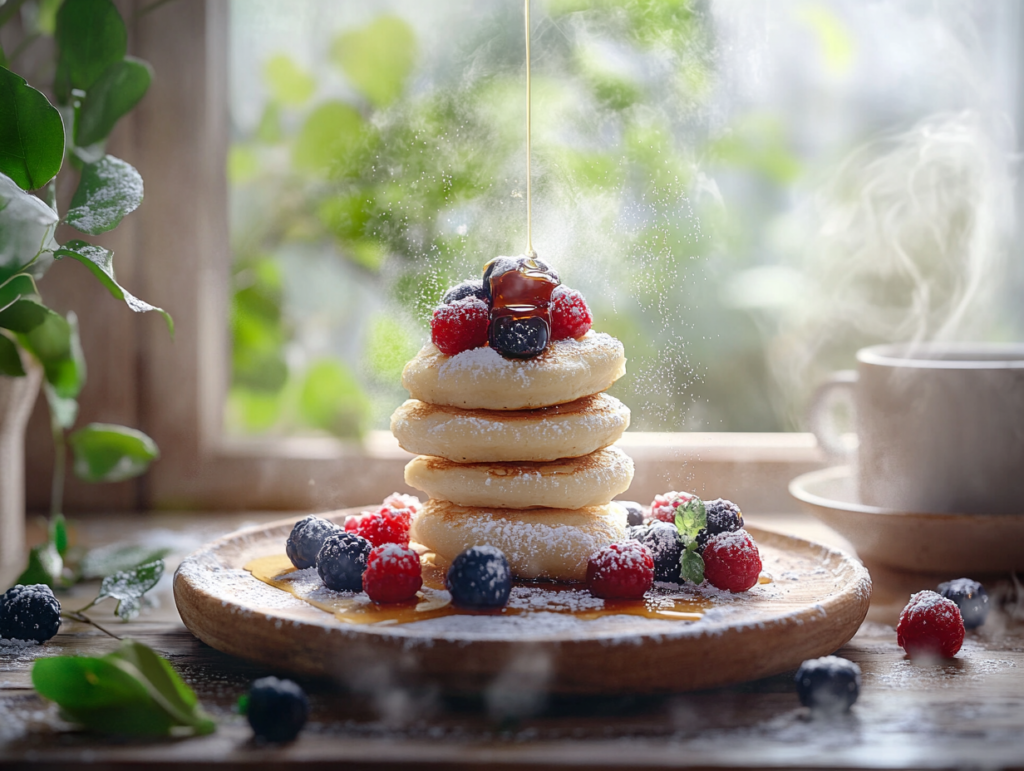  A stack of fluffy pancakes topped with fresh raspberries, blueberries, and mint leaves, dusted with powdered sugar, and drizzled with syrup, placed on a wooden plate near a window with greenery in the background.