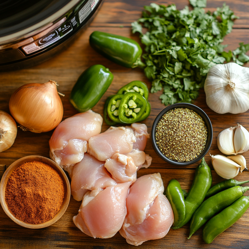 Flat lay of fresh ingredients for crockpot green chili chicken on a wooden kitchen counter.
