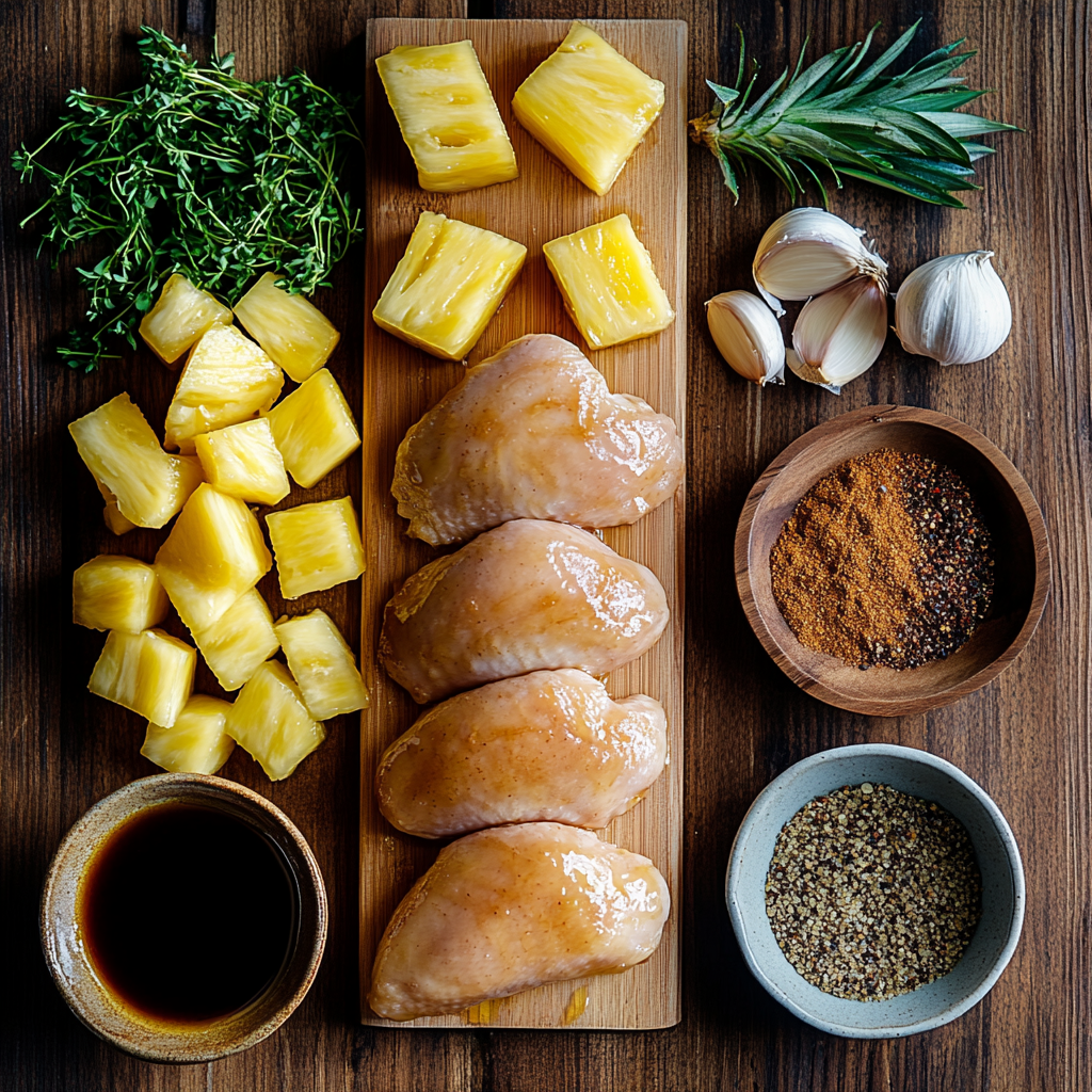 Flat lay of fresh ingredients for honey pineapple baked chicken marinade on a wooden kitchen counter.