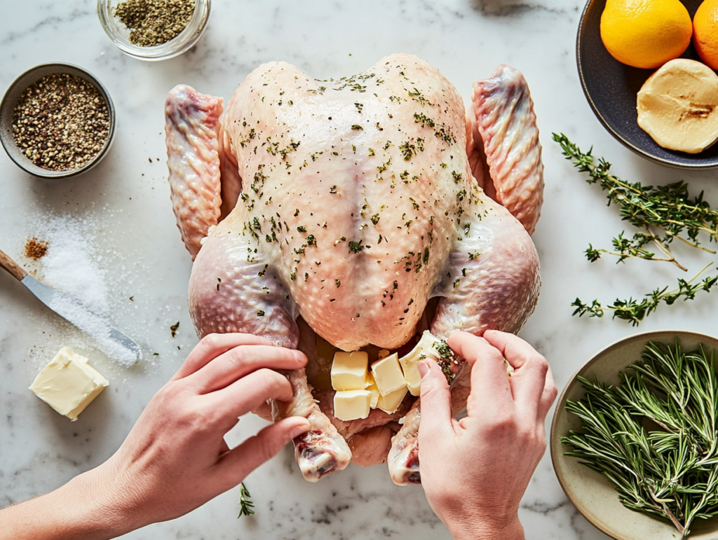 Preparing a raw turkey with herb butter on a kitchen counter.