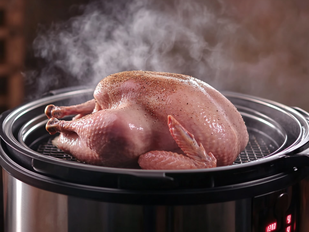 A raw, seasoned turkey placed on a rack in an electric roaster with steam rising.