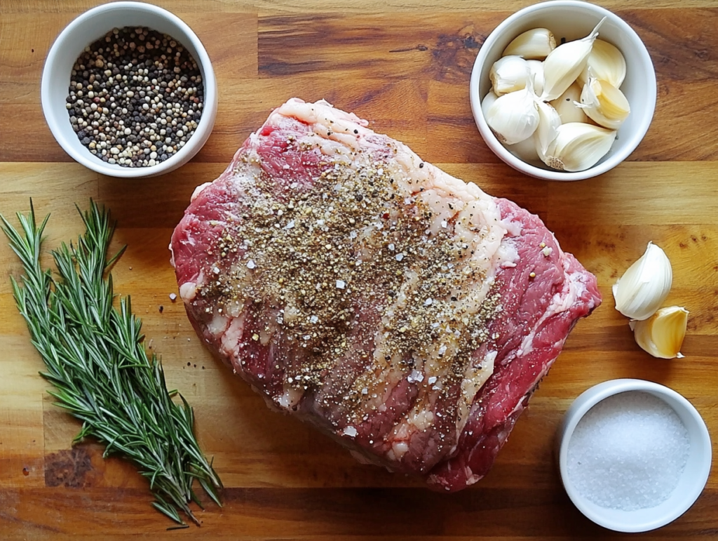 Raw prime rib roast being seasoned with a dry rub on a wooden countertop.