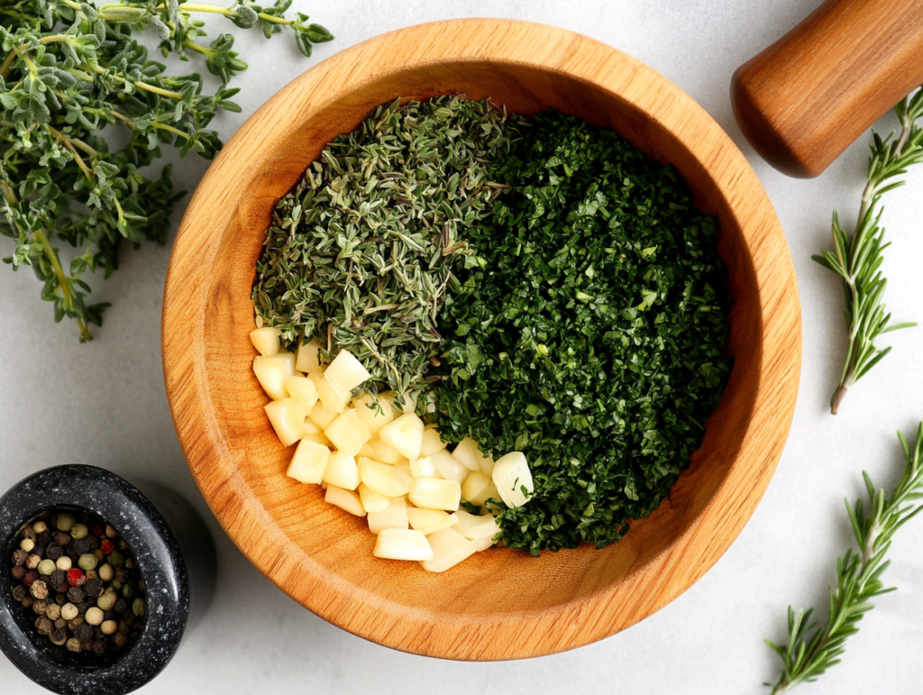 Fresh herbs like rosemary, thyme, parsley, minced garlic, and black pepper in a wooden bowl with a mortar and pestle beside it.