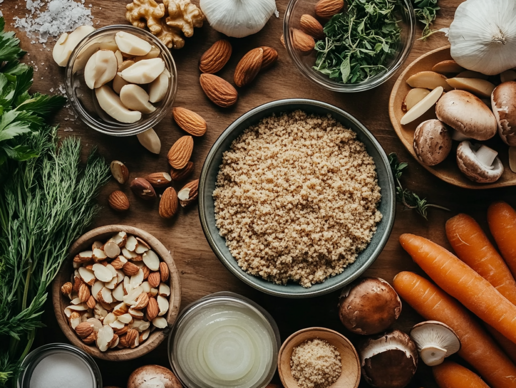Fresh ingredients for a vegetarian nut roast including walnuts, almonds, carrots, mushrooms, onions, garlic, and breadcrumbs on a wooden counter.