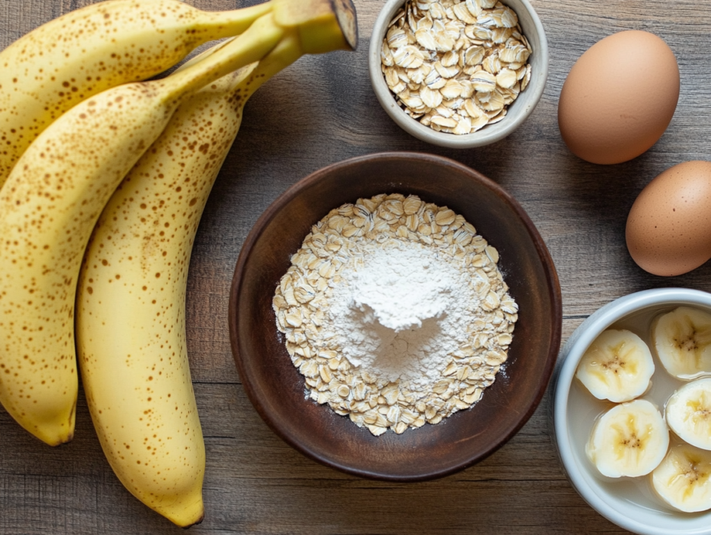 Fresh ingredients for banana protein pancakes, including bananas, protein powder, eggs, oats, and almond milk on a wooden kitchen counter.