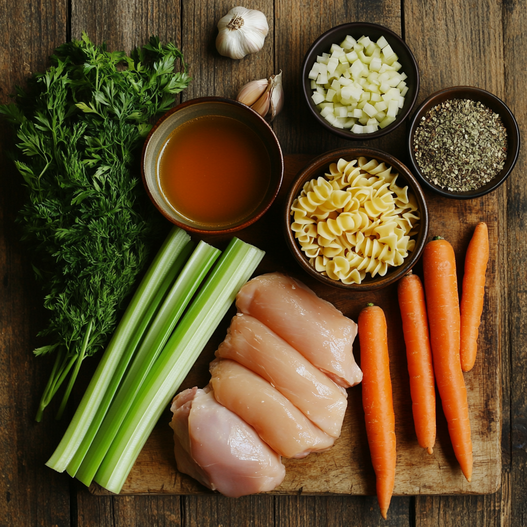 Ingredients for Chicken Noodle Soup including raw chicken, noodles, carrots, celery, onions, garlic, herbs, and chicken broth on a rustic wooden surface.