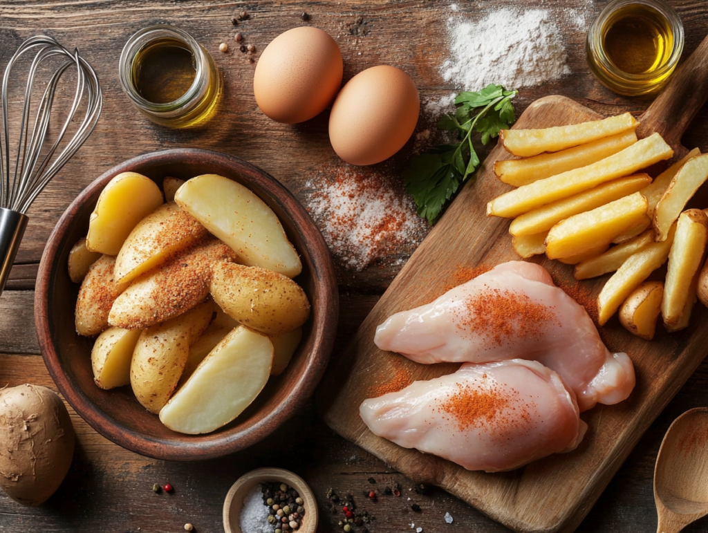 Ingredients for chicken tenders and fries, including raw chicken, breadcrumbs, flour, eggs, sliced potatoes, and seasonings on a rustic wooden countertop.