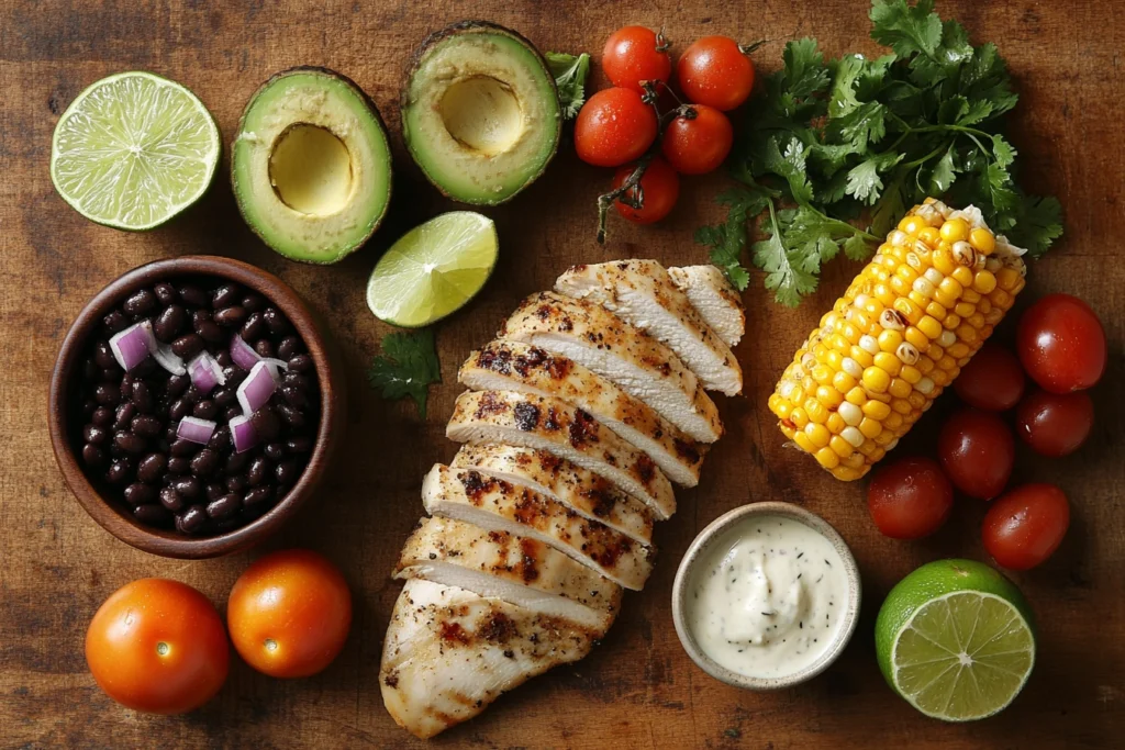 Ingredients for Mexican chicken salad displayed on a rustic surface.