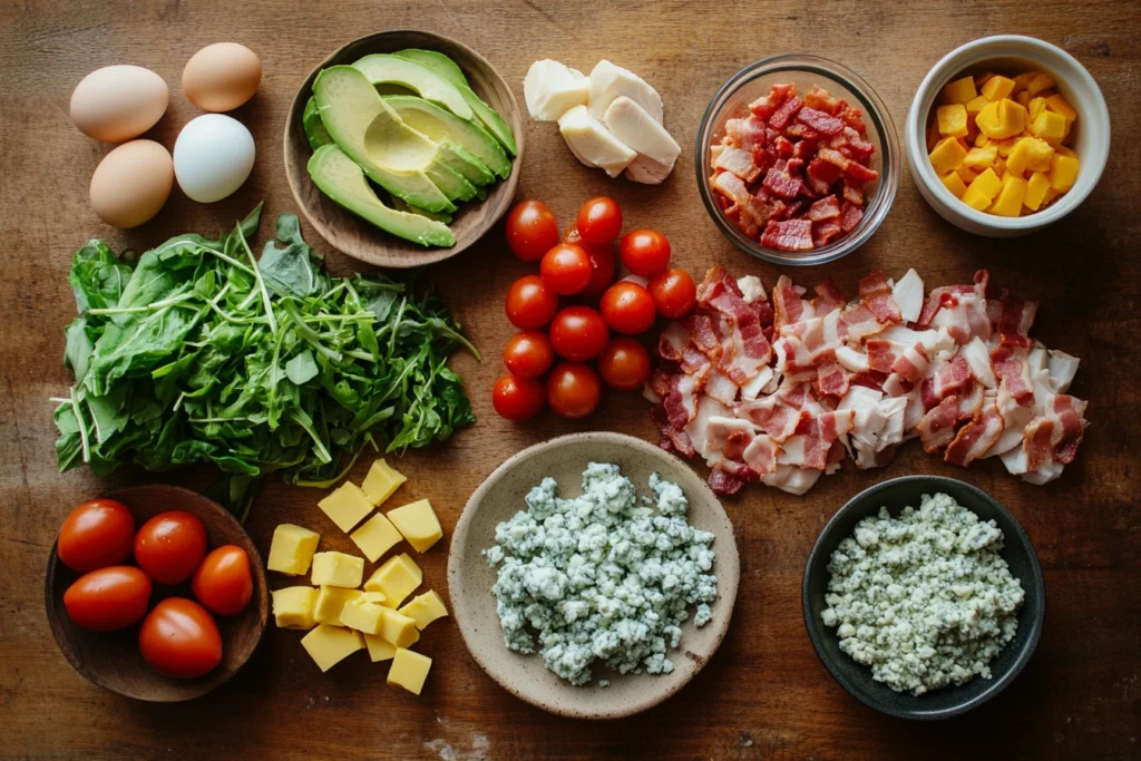 Ingredients for Brown Derby Cobb Salad arranged neatly on a wooden surface.