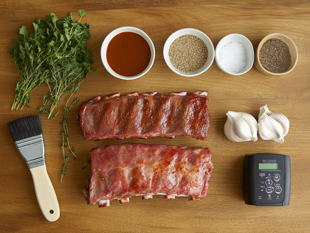 Raw beef back ribs with spices, BBQ sauce, fresh herbs, a basting brush, and a meat thermometer arranged on a rustic wooden surface.