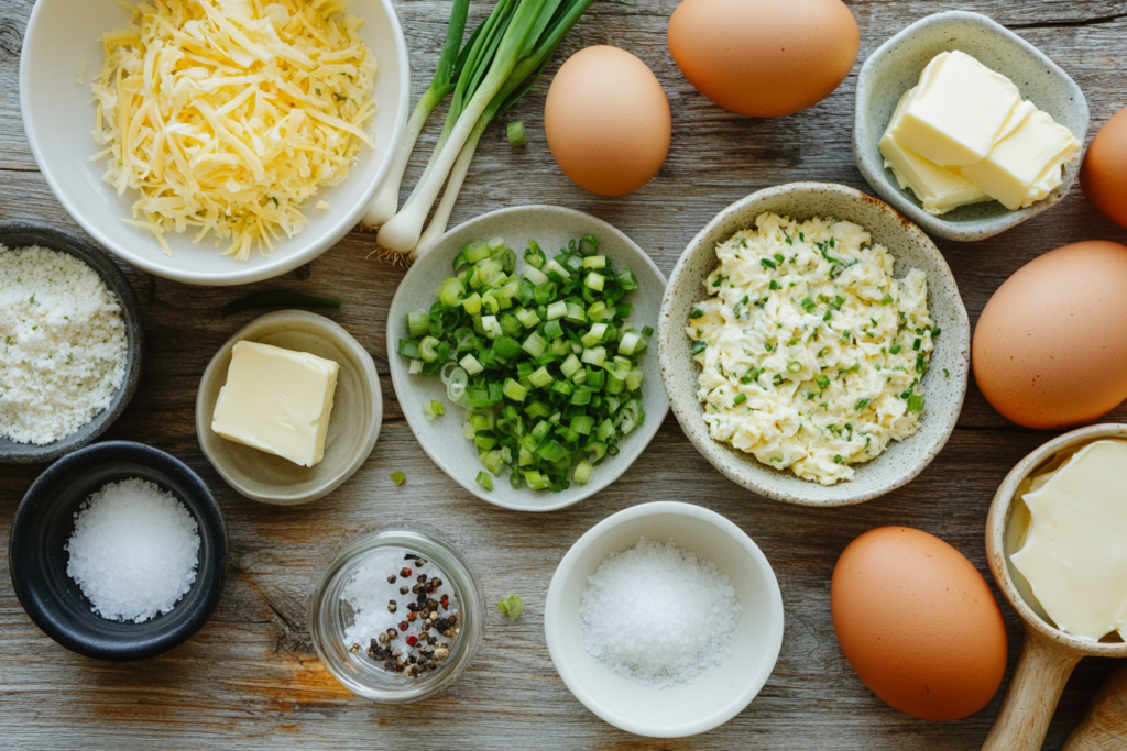 Flat lay of fresh ingredients for a crab omelet recipe, including crab meat, eggs, green onions, cheese, butter, garlic, salt, and pepper on a wooden surface.