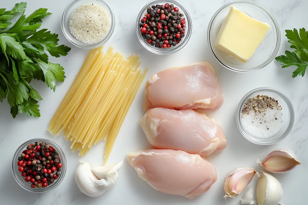 Ingredients for garlic parmesan chicken pasta on a marble surface.