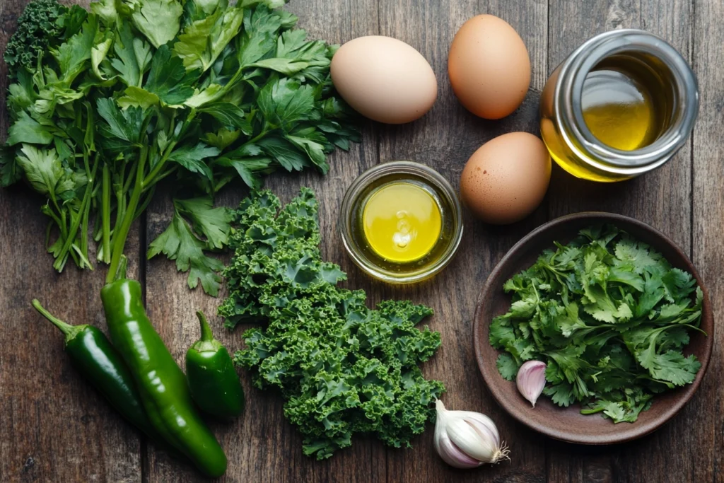 Ingredients for green shakshuka stonesoup on a rustic wooden surface.