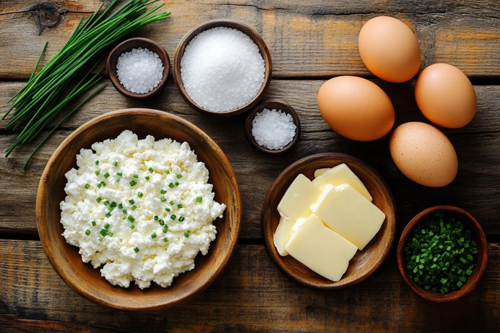 Fresh eggs and cottage cheese ingredients for a breakfast recipe
