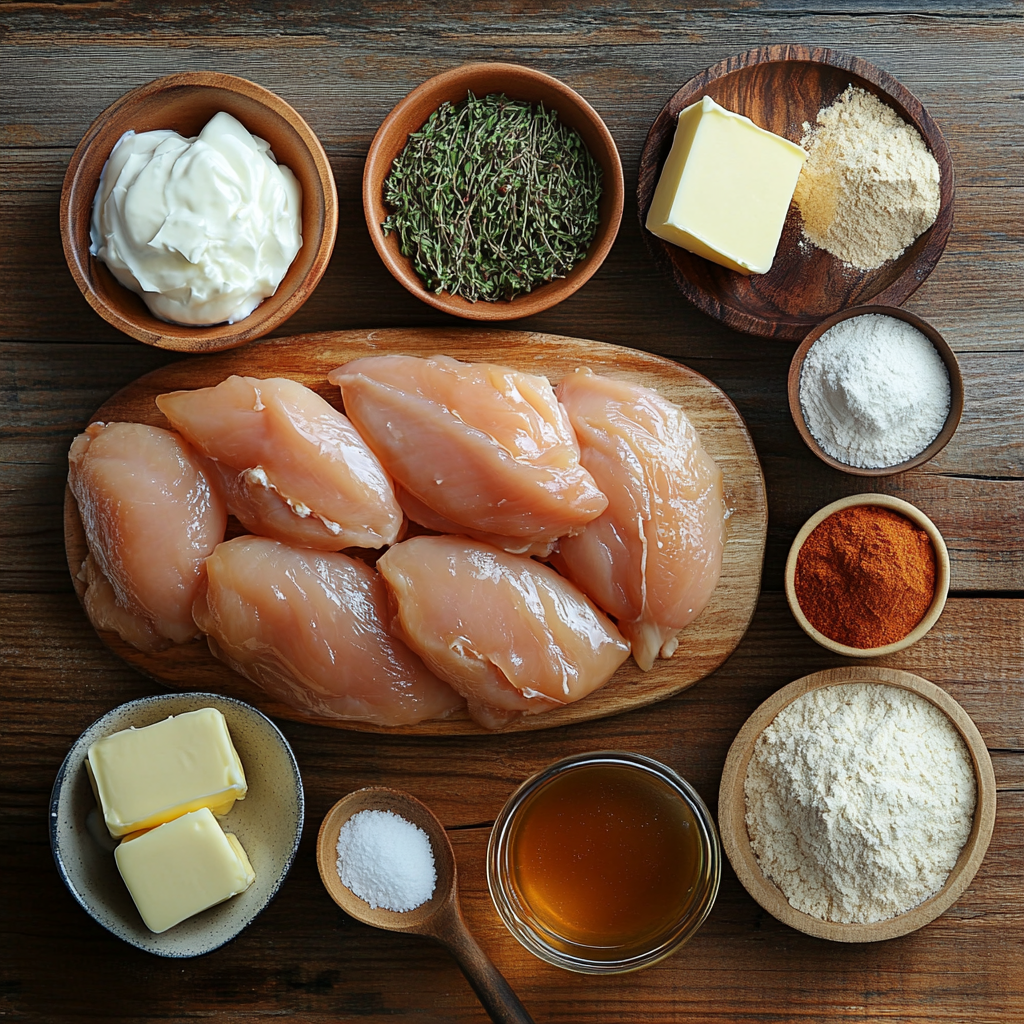 Ingredients for Honey Butter Chicken Biscuit, including raw chicken fillets, buttermilk, flour, butter, honey, and spices on a rustic surface.
