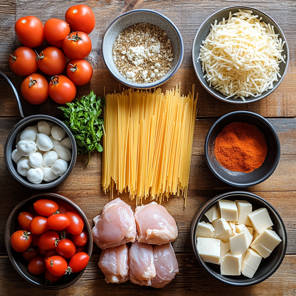 Ingredients for Creamy Crockpot Chicken Spaghetti, including raw chicken, uncooked spaghetti, shredded cheese, cream cheese, diced tomatoes, spices, and a crockpot on a rustic countertop.